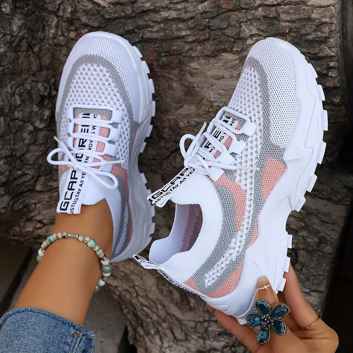 womens plus size colorblock knitted sneakers breathable low   trainers with gradient white to light   durable pvc sole     for outdoor sports casual wear gym shoes microfiber fabric upper Product details 0