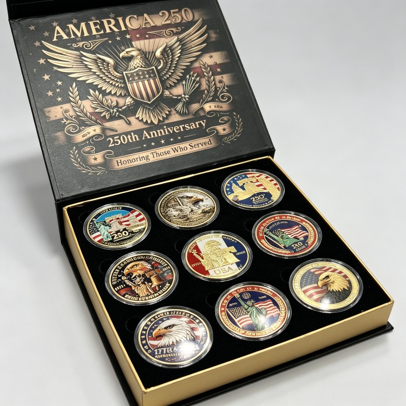 TEMU 9pcs Set Of 250th Anniversary Of 's Founding Commemorative Coin Gift Box, Challenge , Suitable As Gifts For History Collectors