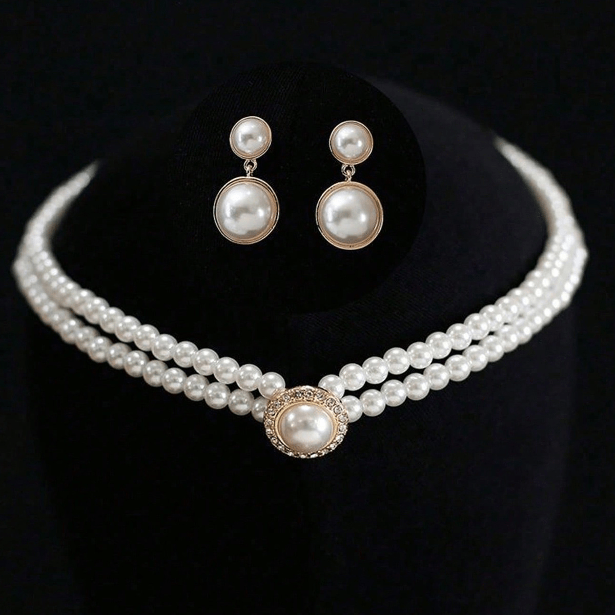 TEMU Ensemble élégant de 2 pièces comprenant un collier et des boucles d'oreilles à double rangée de fausses perles, ensemble avec des fausses et des