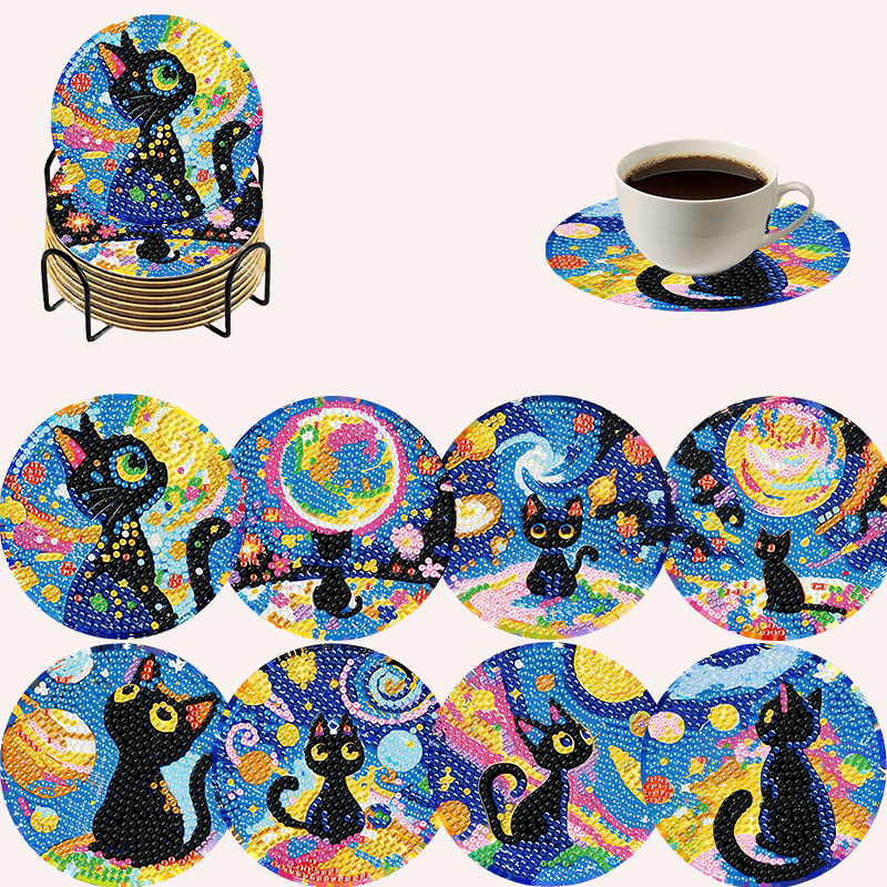 TEMU 8 Wooden Coasters With Cat Diamond Paintings, Insulated And Heat-resistant, Perfect Decoration For Kitchen, Living Room, And Dining Table