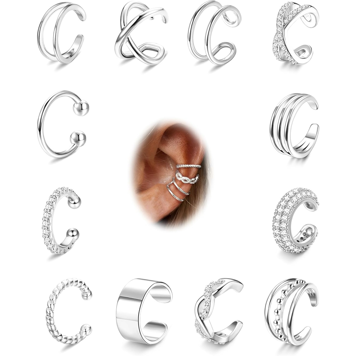 Image of 12pcs Adjustable Non-piercing Ear Cuffs For Women | Clip-on Cartilage Earrings With Copper Alloy Plating And Synthetic Zirconia, Style, For Daily And Party Occasions