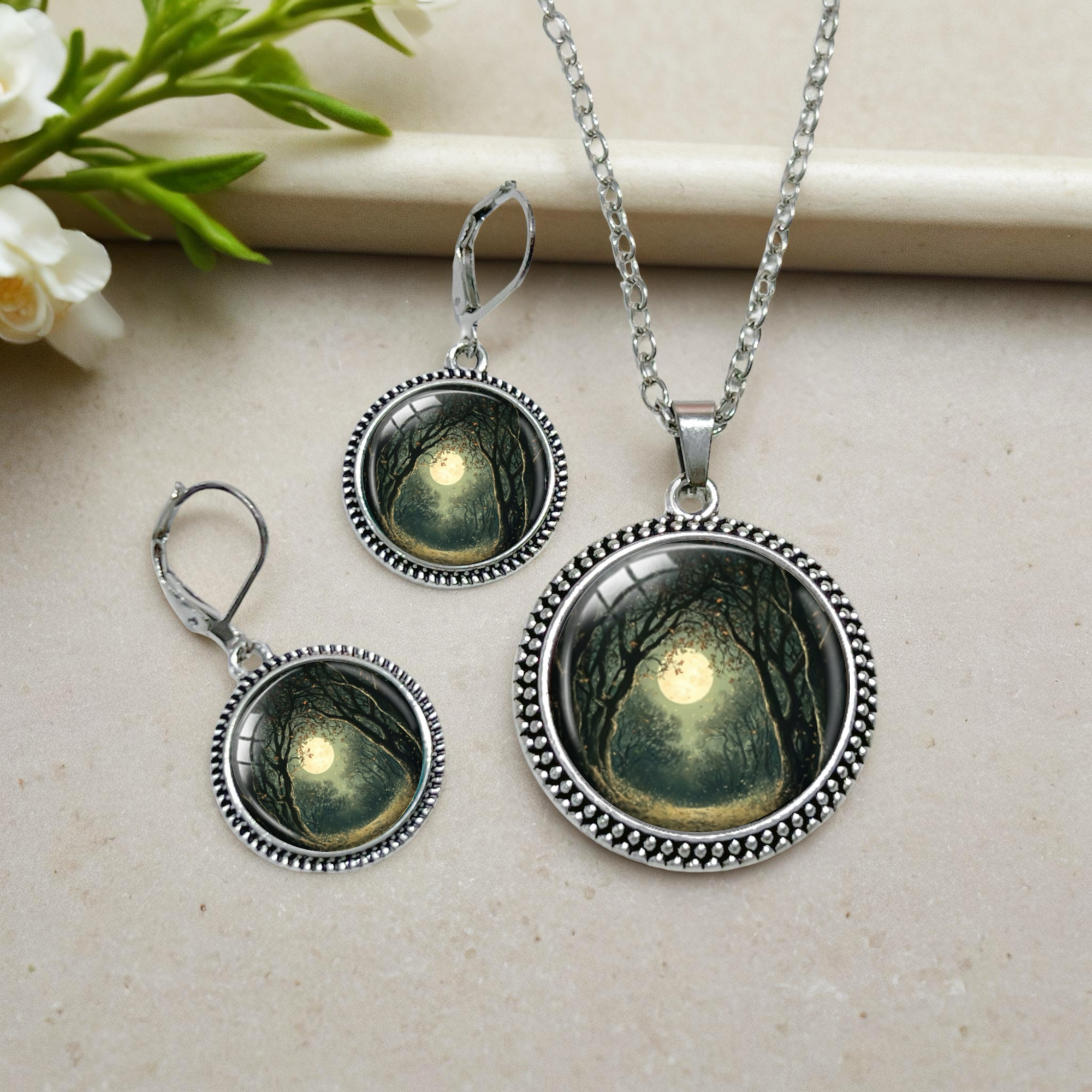 3pc Gothic Bohemian Black Moon Forest Necklace & Earrings Set