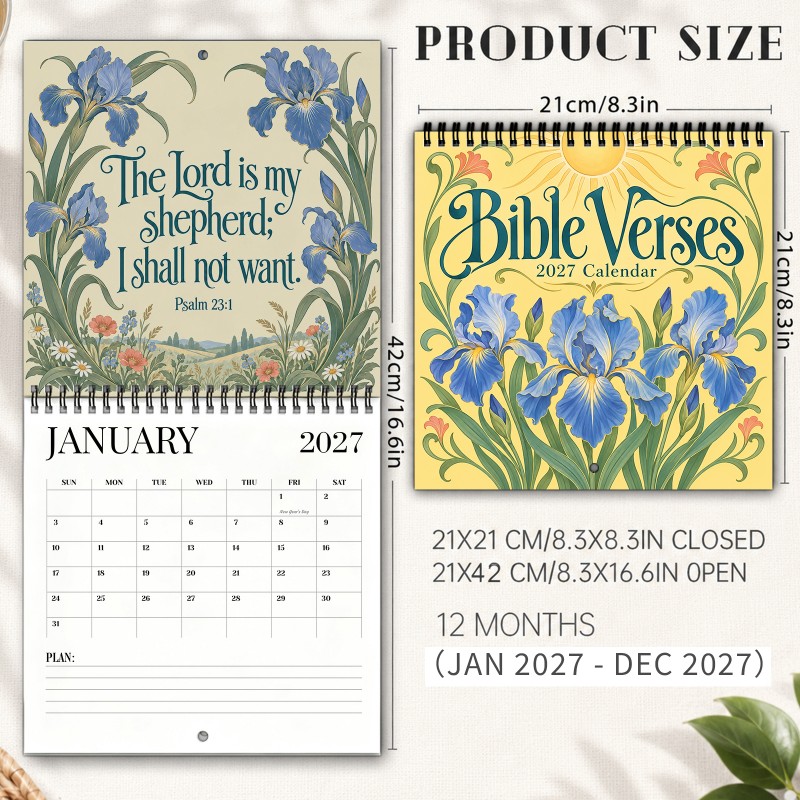 TEMU Bible Verses 2027 Wall Calendar Featuring Scripture Messages Blue Irises Leaves And Botanical Patterns Spiral-bound With Thick Paper And Marked