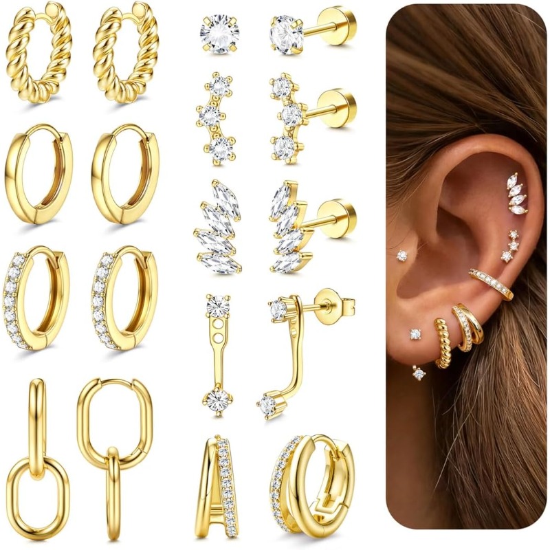 Image of 2d Flat - 9pcs Hypoallergenic Flat Back Earrings For Women- Cartilage Earring -20g Surgical Stainless Steel Earrings-small Flatback Stud Hoop Earring Sets For Multiple Piercing Jewelry