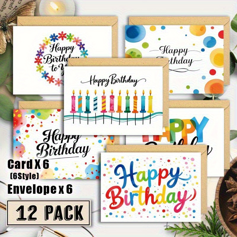 TEMU 6 Envelopes + 6 Greeting Cards, 12pcs Set, Watercolor Birthday Cards With Envelopes - , Bright Hand-painted Style, High-quality Paper For ,