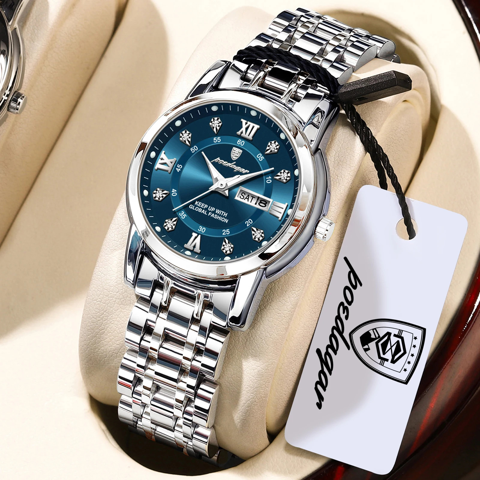 TEMU Casual Women Wristwatch Luminous Date Week Women's Watches Stainless Steel Elegant Dress Ladies Watch+gift Box