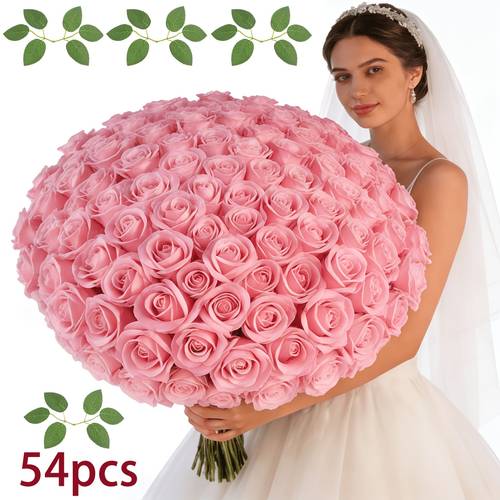 54pcs real touch artificial with 4 green leaves long stem bulk rose flowers supplies for wedding centerpiece bridal bouquet home decoration birthday gifts for mom and women