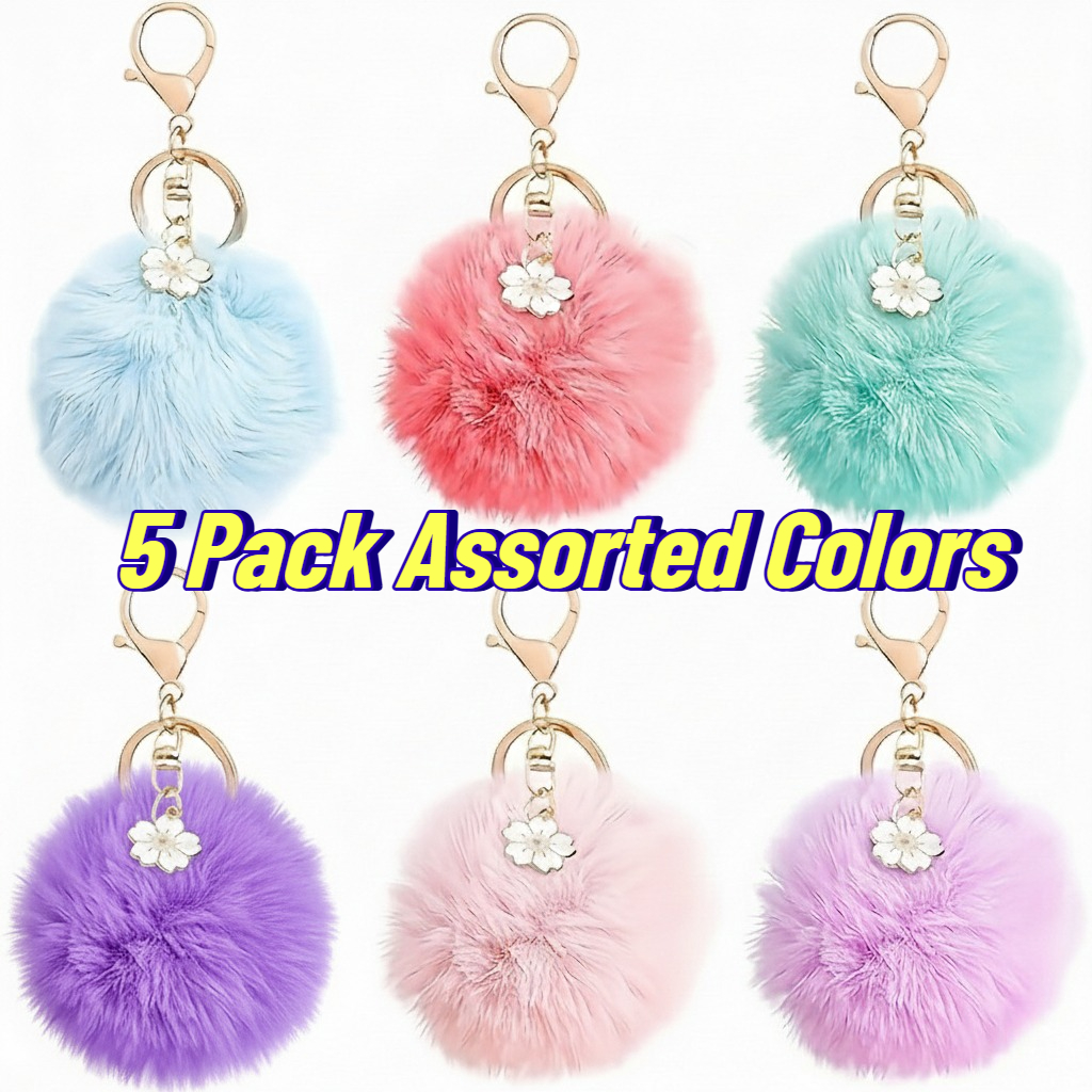 TEMU 5pcs Random Colors Fluffy Bag Charms With Flowers, Soft Faux Keyring For Backpack, Easy To Spot Keys In Deep Purse