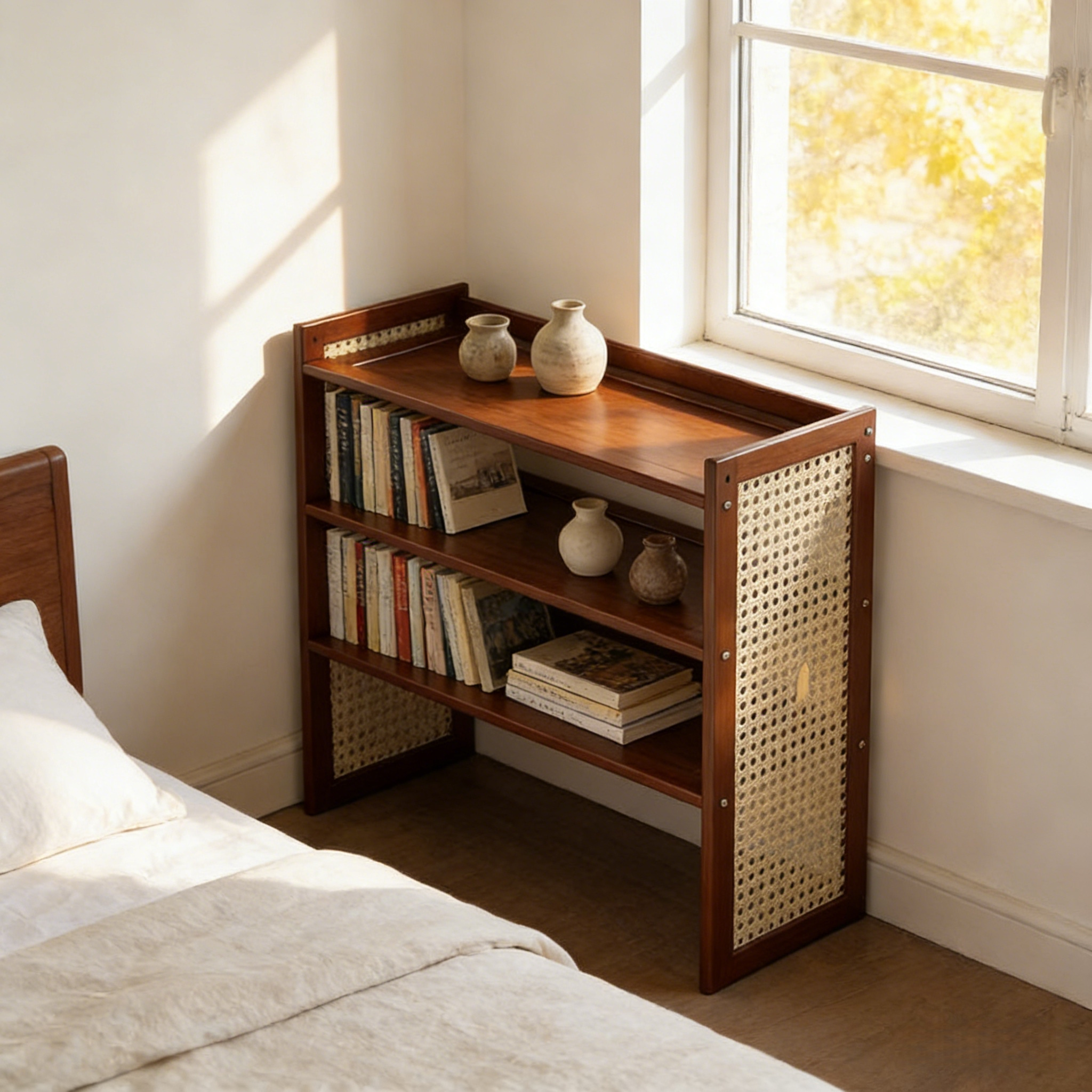 bamboo and rattan pattern storage rack multi layer shelf easy to assemble space saving vertical storage rack suitable for bedroom living room study kitchen tea room home decoration and room organization multi functional storage rack