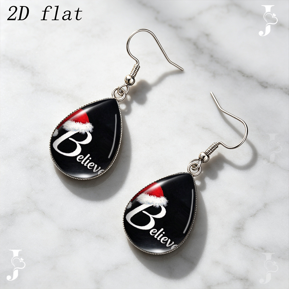 Teardrop Dangle Earrings with Santa Hat Text, Handmade Gift