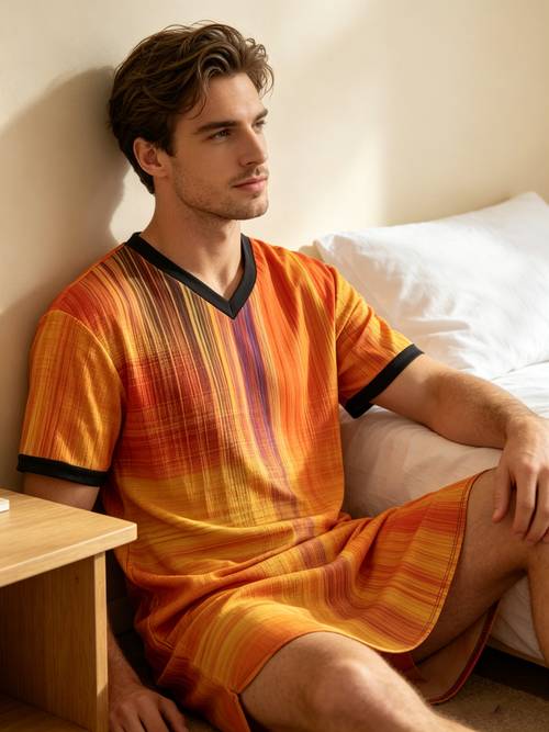 1pc mens v neck nightgown orange yellow gradient vertical stripe v neck sleepwear warm visual effect soft artistic texture casual easy mens nightgown for home gift for friend husband party fathers day