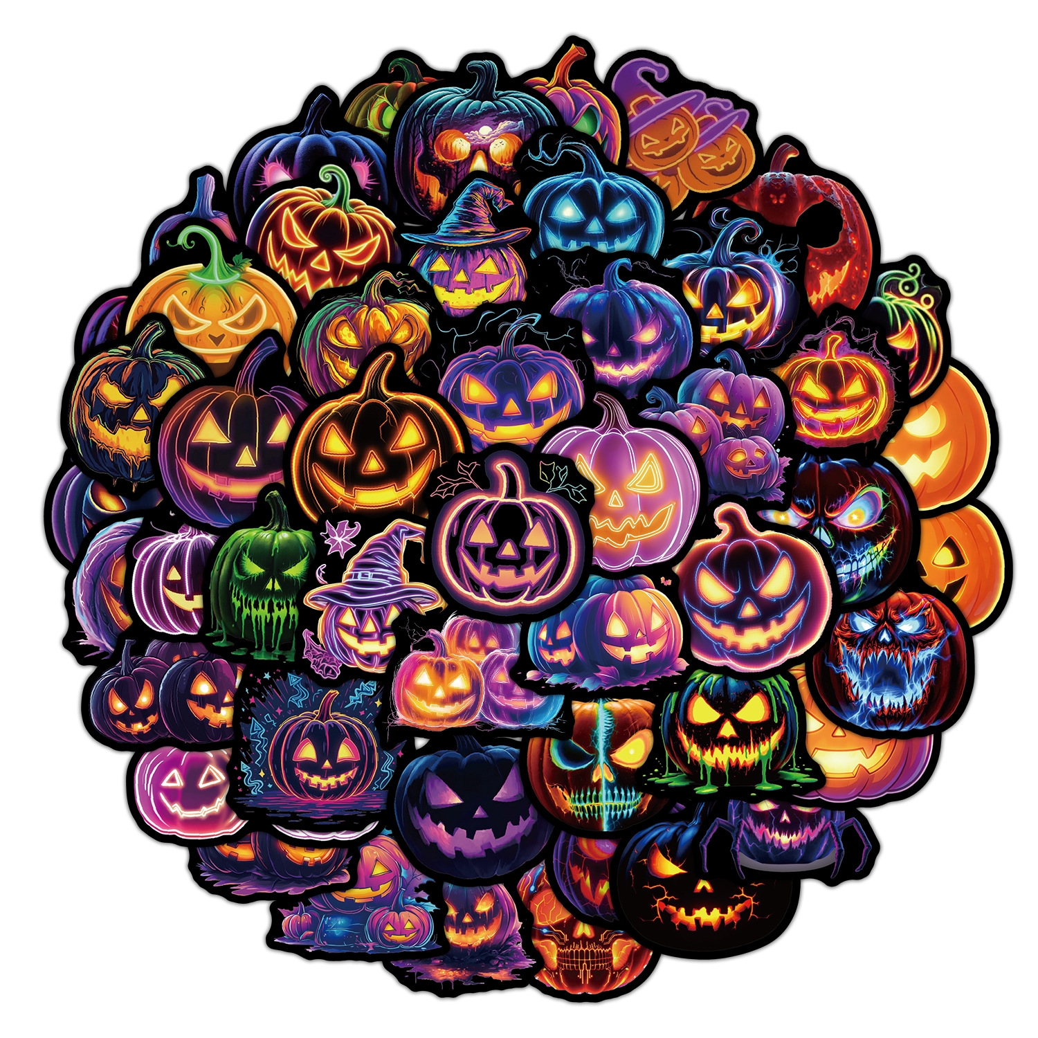 TEMU Lot de 50 autocollants néon Halloween graffiti pour décorer valise, équipement de cyclisme, bouteille d'eau, skateboard DIY, bagages, casque,
