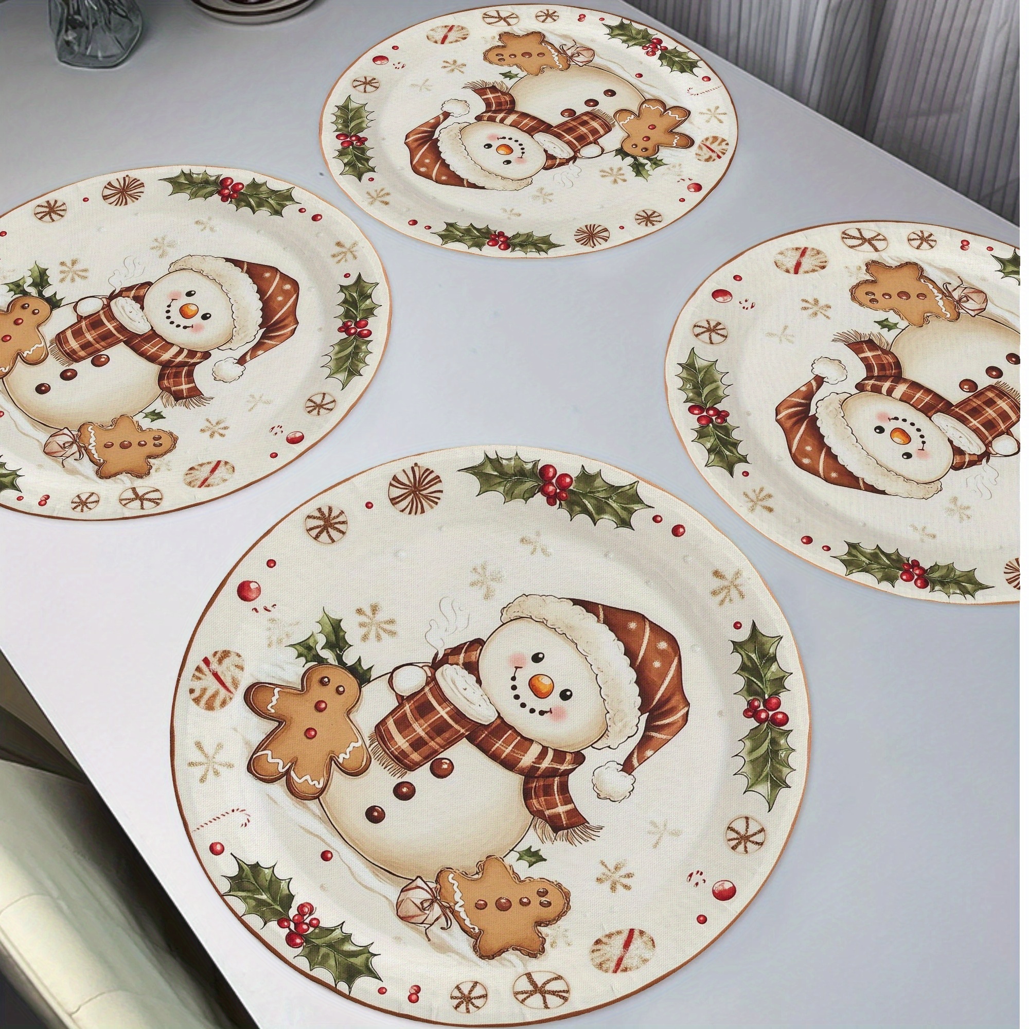 

4- Man Snowman Christmas Placemats, 15" Table , Wreath , , Washable, , For Decor