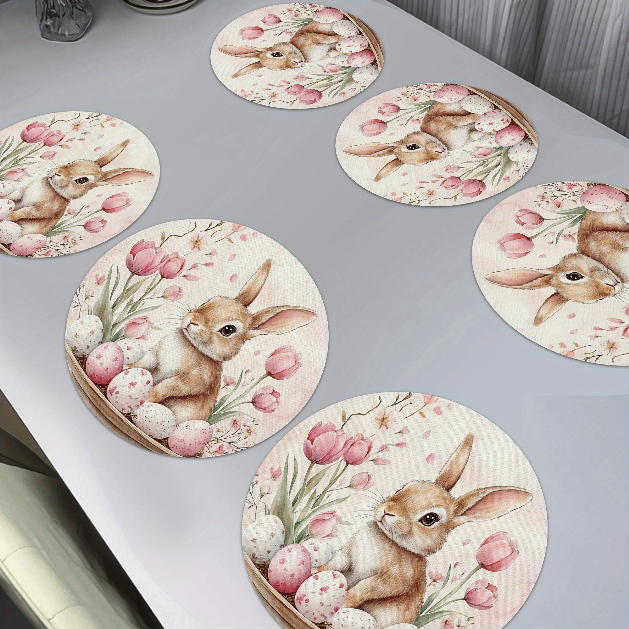 6pcs Chinese New Year Rabbit & Table Mat Suitable For Dinner Parties, Spring Festival & Easter Decorations - Non-slip Round Placemat, Easy Clean Polyester Table, ' Table Setting (hand Washable)
