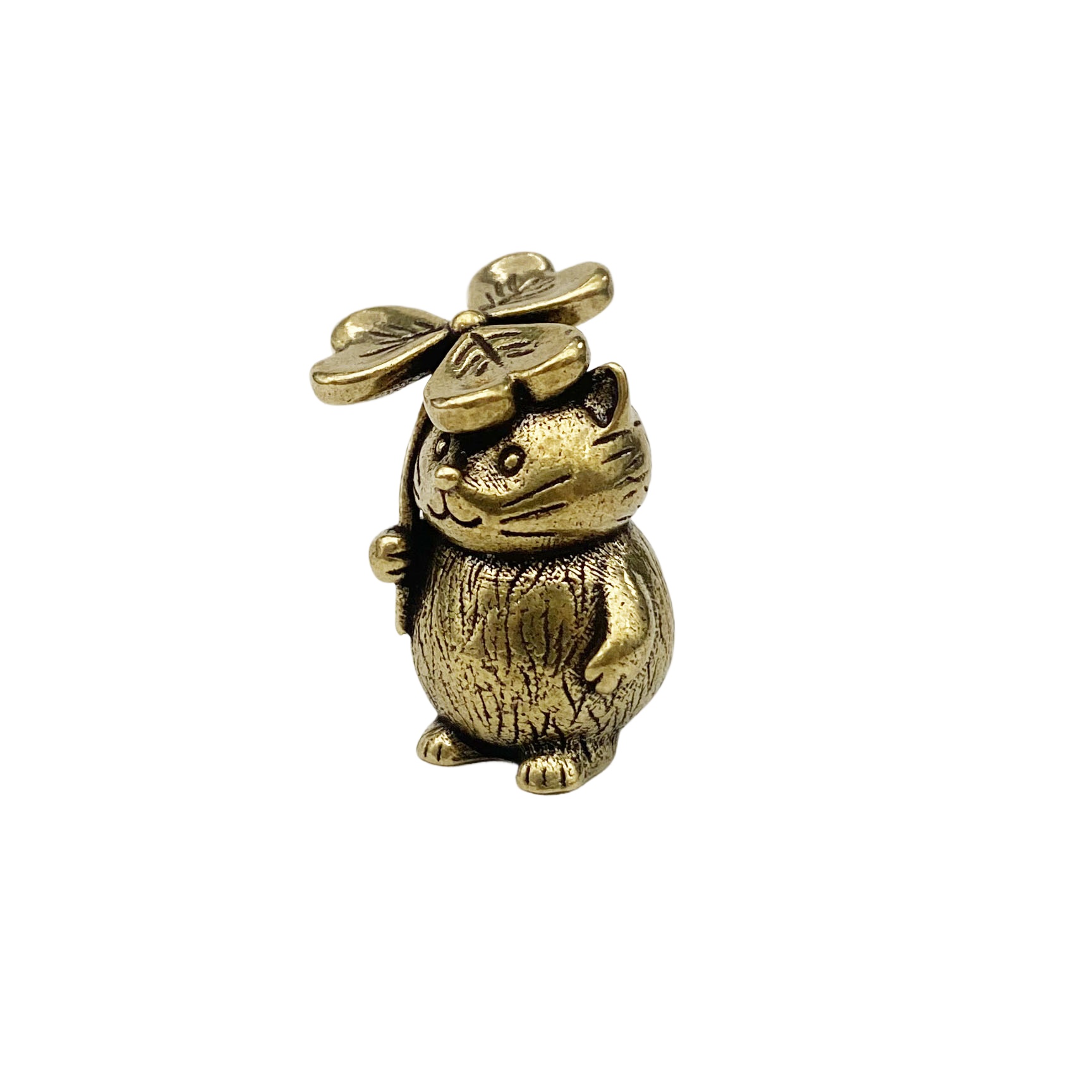 TEMU Clover Cat Brass Figurine Ornament, Distressed Metal Craft Sculpture, Adult Desktop Tea Table Christmas Decoration, Home Décor, Halloween Gift