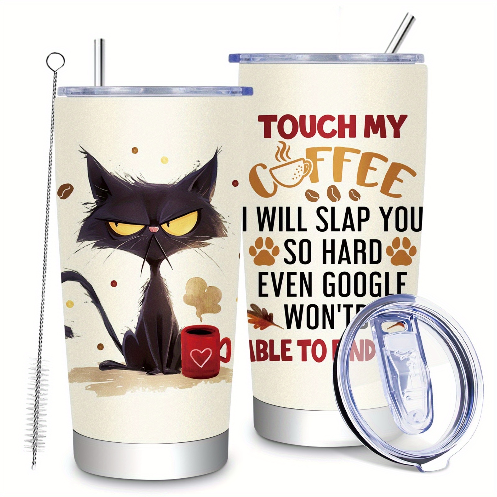 TEMU Gifts For Cat Lovers, 20oz Cat Coffee Tumbler With Lid, Funny Cat Travel Coffee Cup, Touch I Will Slap You, Christmas Birthday Gift For Women Men