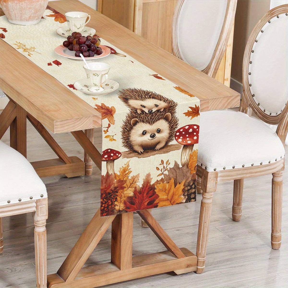 Image of 1pc Hedgehog And Mushroom Table Runner | Polyester, Ideal For Family Gatherings And Thanksgiving Decor, Suitable For , Living Rooms, Indoor And Outdoor Settings