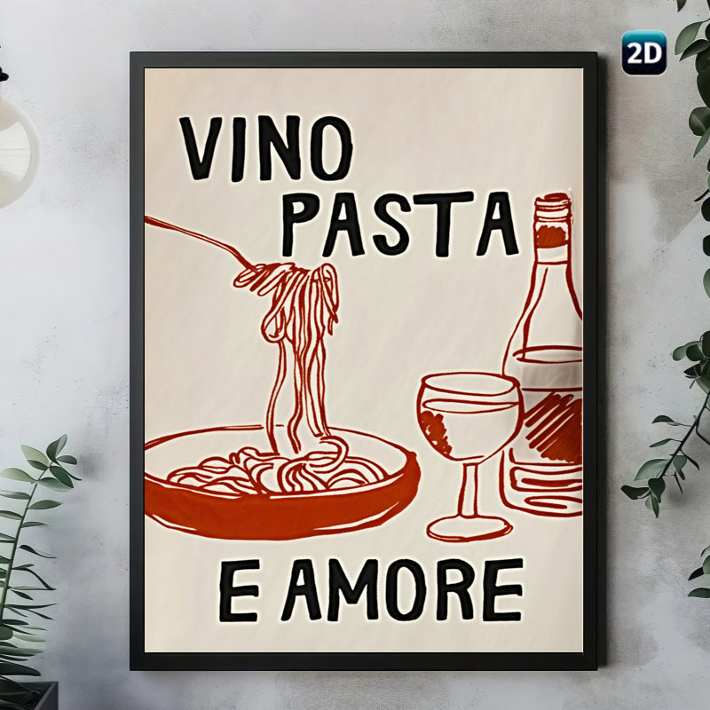 TEMU 2d Flat, Italian "vino Pasta Amore" Frameless Canvas Wall Art - Modern Decor Suitable For Dining Room, Pasta & Wine Print With Recipe, -themed