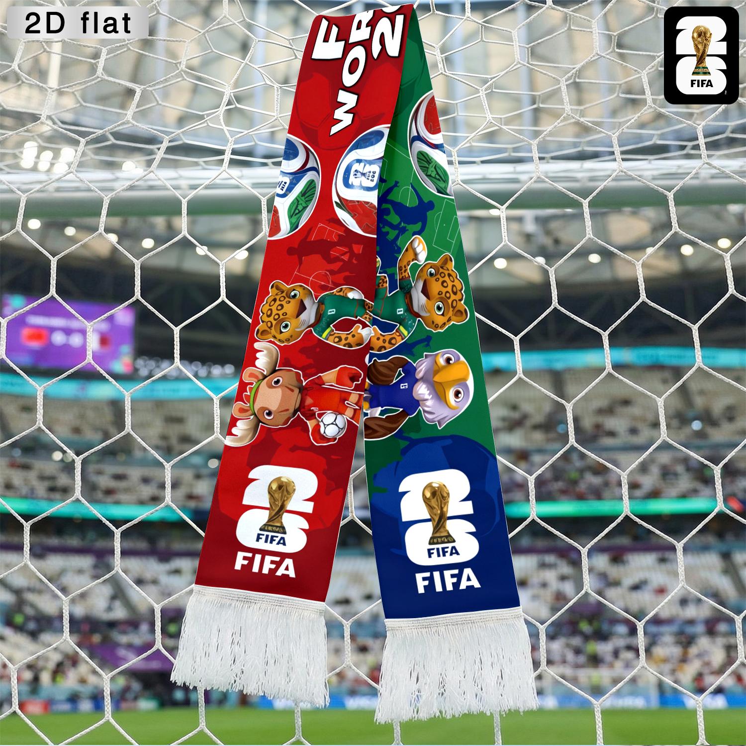 1pc 2026 FIFA World Cup Spectator Scarf (With Tassels), Mascot And Football Design, Red, Blue And Green Color Scheme, an Essential Cheering Accessory, Supporter'S Flag, Polyester