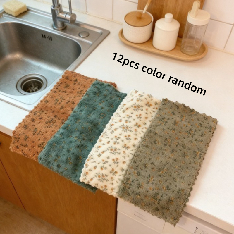 TEMU 12pcs Random Colors Flower Dishwashing Towels, Quick Drying Cleaning Cloth, Thickened And Widened Kitchen Towels, Soft And Breathable, Suitable