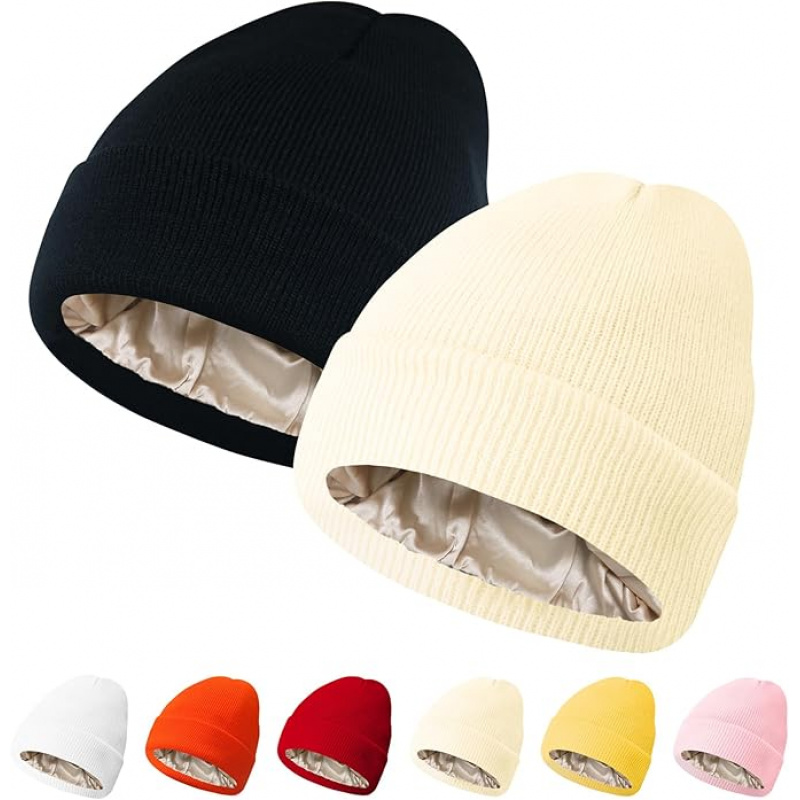 Image of 2 Packs Womens Satin Lined Beanie Hat Lining Winter Hats Beanies For Women Soft Slouchy Beanie Cap