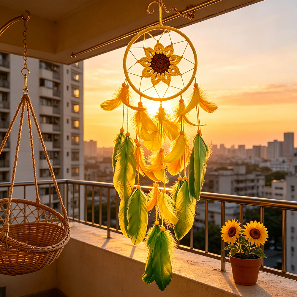 TEMU Attrape- au crochet avec pendentif carillon à vent à plumes - Décoration à suspendre, ornement rond contemporain pour plafond/rideau, convient
