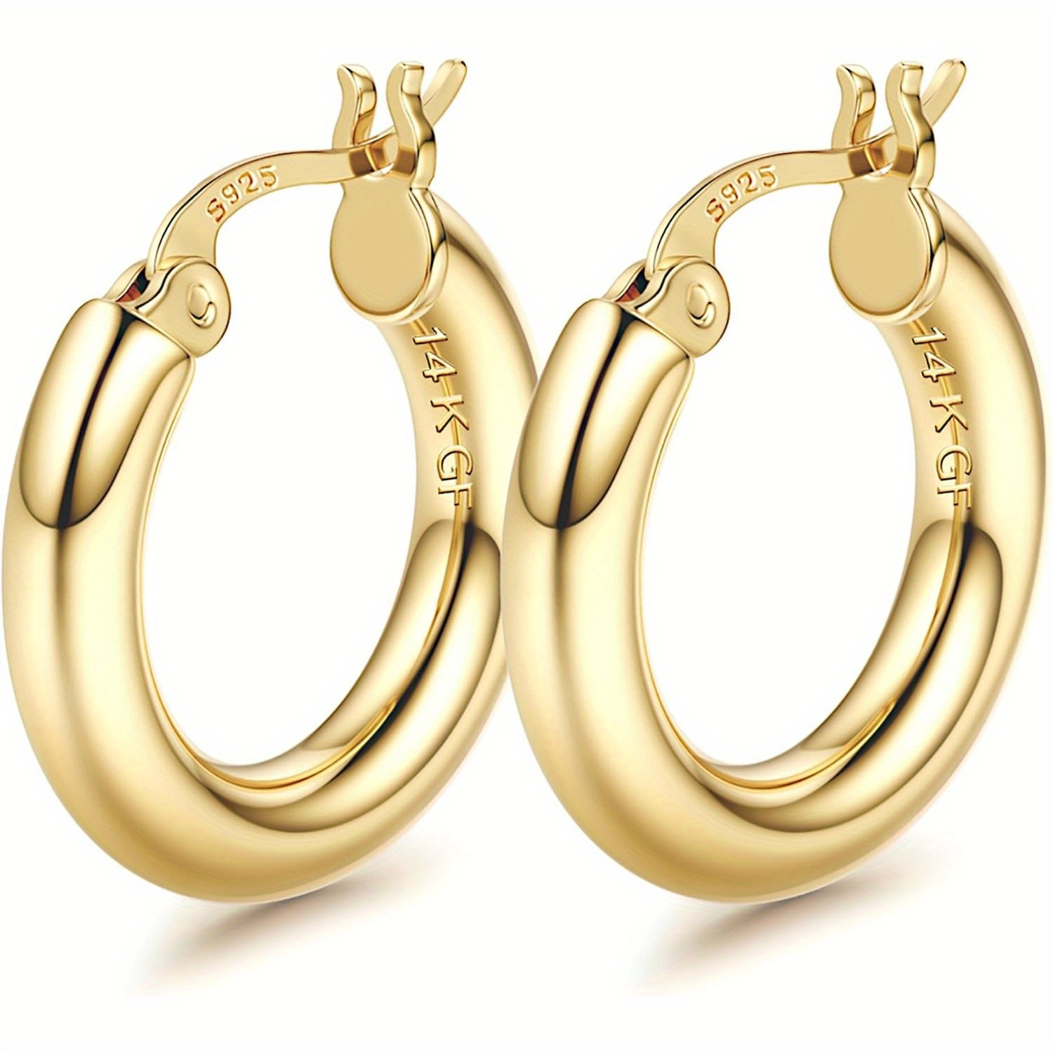 TEMU Boucles d'oreilles créoles plaquées or 14 carats pour femmes avec tige en argent 925, boucles d'oreilles créoles tubulaires creuses, épaisseur 4