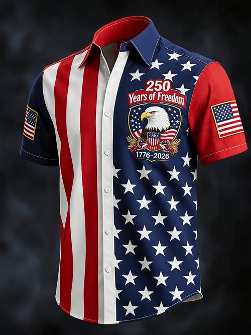 mens casual short sleeve button up shirt american 250th anniversary edition with an pattern in a print made of washable polyester fabric lightweight and breathable with a regular fit suitable everyday casual wear