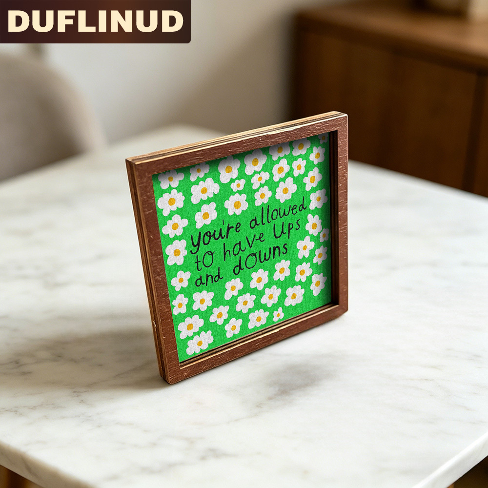 TEMU Pattern Fridge Magnet, Mini Inspirational Decorative Plate With Green Background And White Daisy Design, Featuring Text, Wooden Fridge Sticker,