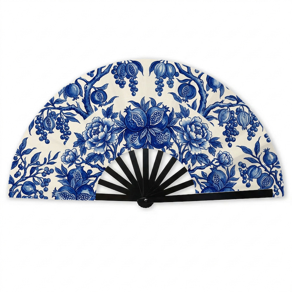 TEMU 1pc Chinoiserie Folding Hand Fan In Blue And White With Floral Vine Design, Family Gatherings, Concerts, Graduation Events, Dance Shows,
