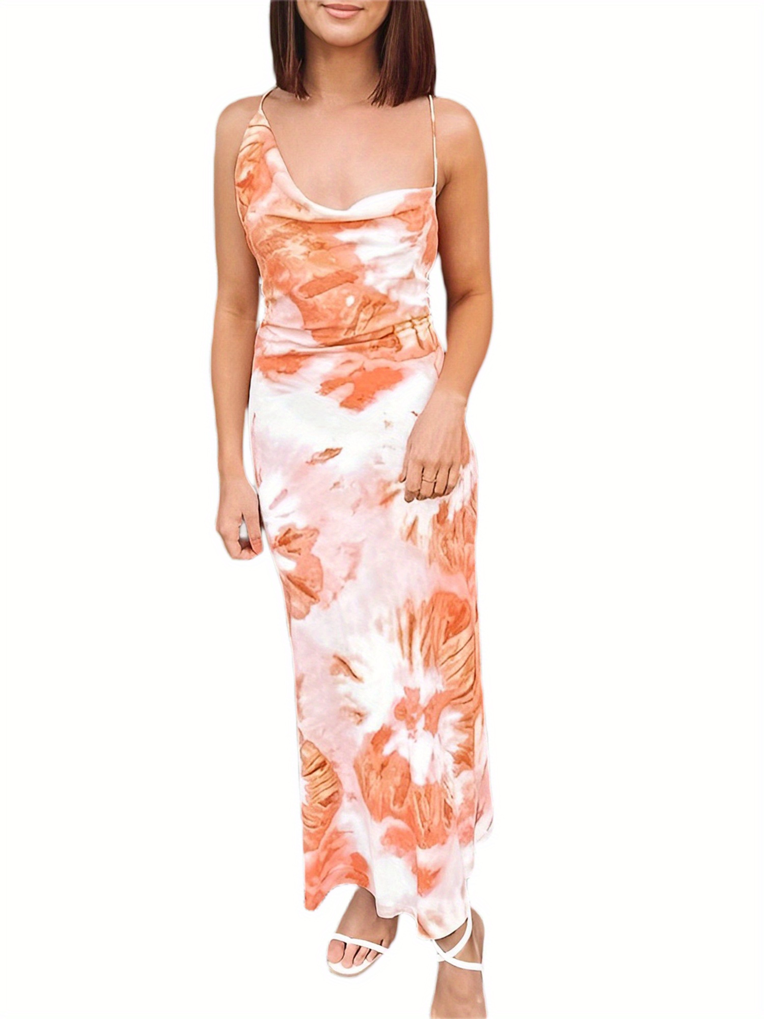 colorful tie dye slip sleeveless backless maxi dress, elegant