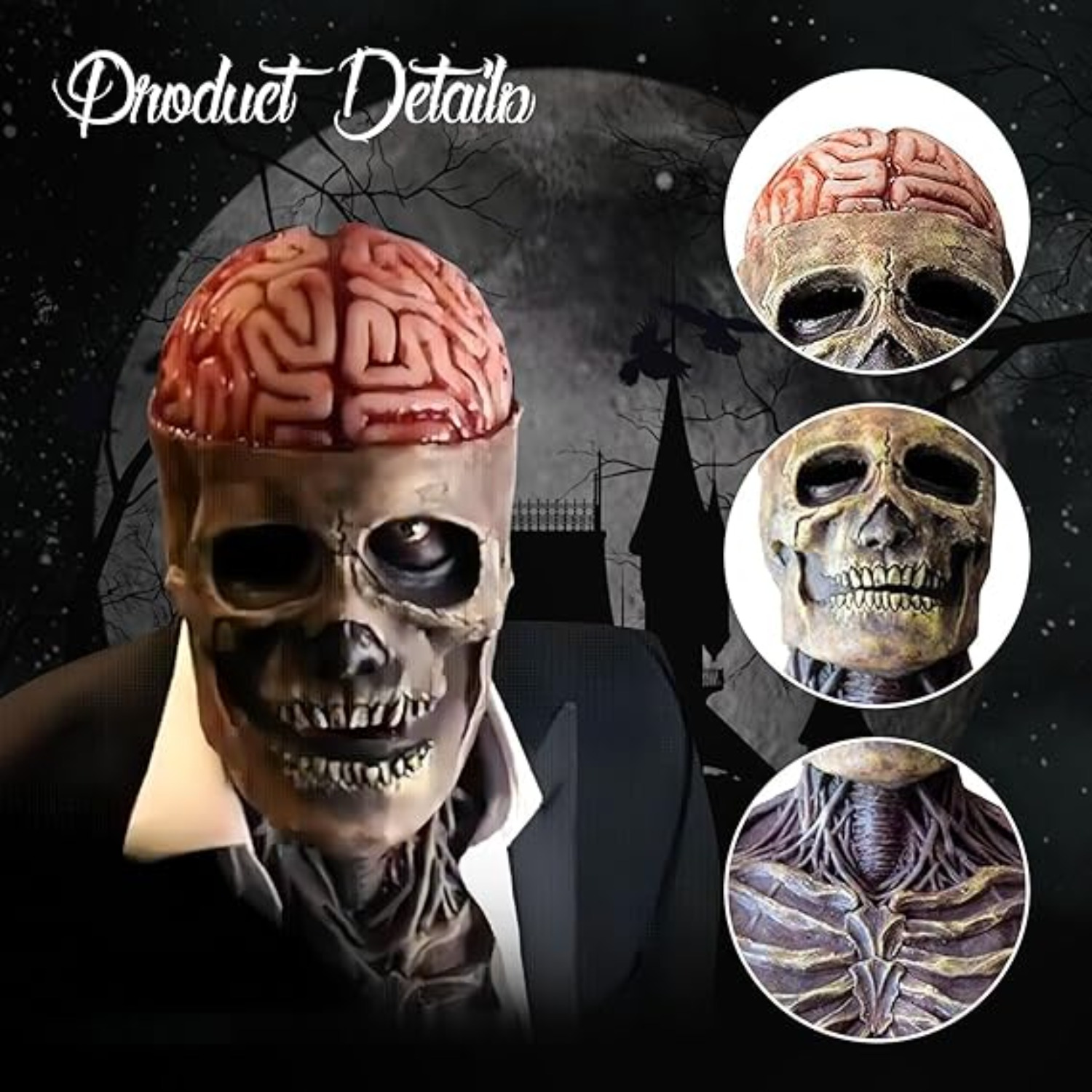 máscara de calavera de halloween, máscara de horror de cabeza completa aterradora con   móvil, accesorios de fiesta de cosplay de látex realistas aterradores 4