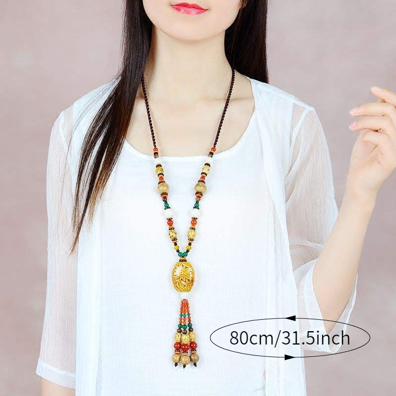 Ethnic Style Long Sweater Chain Necklace with Ceramic Tassel