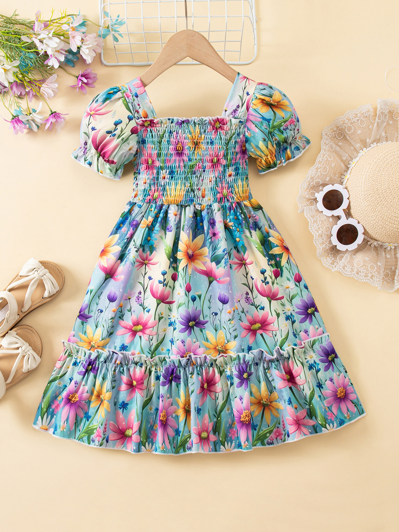 midi summer dress with short sleeves Powder Midi Summer Dress with Short Sleeves Blue / M