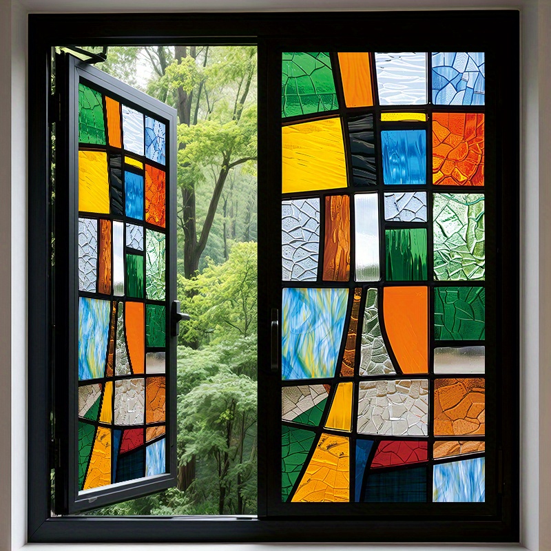 1 roll of colorful geometric shapes window film 45 100cm frosted pvc material static cling decorative sticker for home office living room bathroom kitchen door window decoration