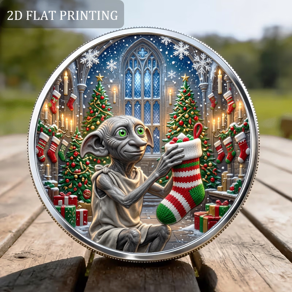 TEMU 1pc, 2d Flat, Harry Potter Dobby Christmas Commemorative Coin, Numismatics, Collectibles, Coin Collection, Collector Gift, Challenge Coin, ,