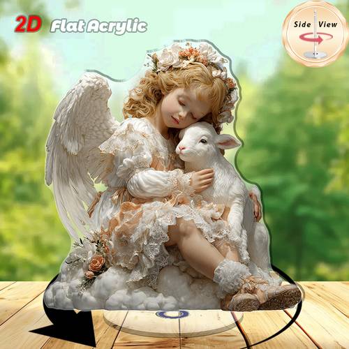 Artikelbild 2d flach, 1 stück rotierender engel mädchen & lamm acrylfigur - 2d flacher drehender schmetterlingsflügel in pastellfarben, /outdoor für büro, zuhause – niedliche lammbegleiter-statue, 2d flach