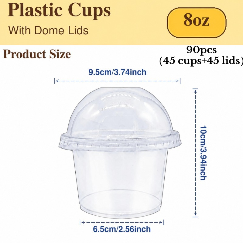 TEMU Lot de 90 pièces (45 gobelets + 45 couvercles) de 8 oz avec couvercle bombé transparent – Robustes, incassables et transparents, parfaits pour