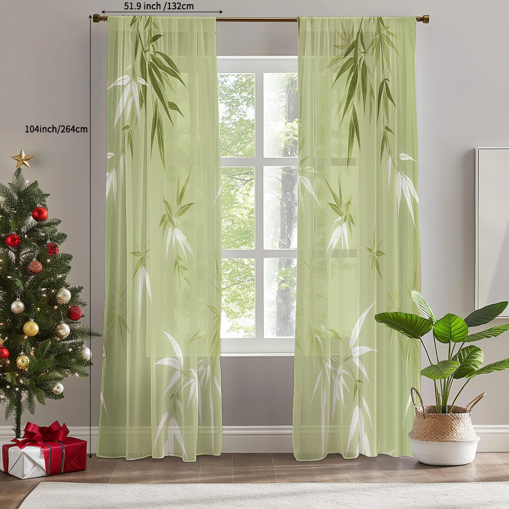 TEMU 2-pack, Polyester Sheer Curtains, Semi-transparent , Rustic Style, Leaves, Decor, Rod Pocket No-cord Window Drapes For Living Room, Bedroom,
