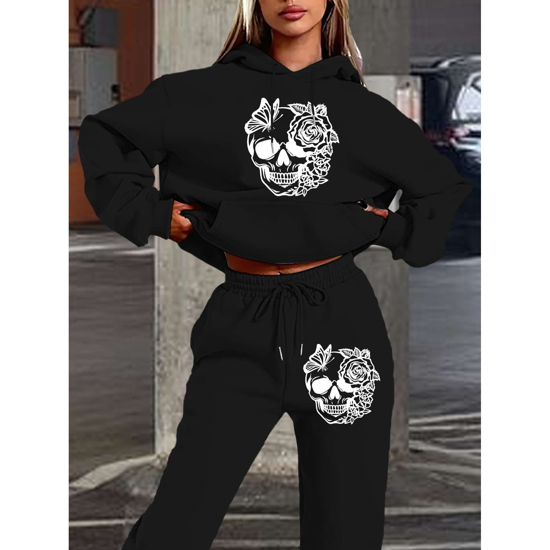 

Women's 2024 New Arrival Hoodie And Pants Set, Casual Geometric Skull Print, Polyester Knit With Drawstring Pockets, Autumn/ Outfit