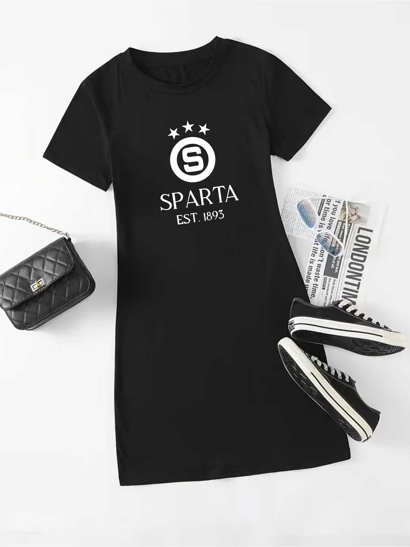 1pc Women S Summer Loose Dress SPARTA EST 48.08meter Printed T-Shirt Skirt - Soft, Breathable, Comfortable Casual Shirt Style, Plus Size,  ,   Outdoor Activities and Casual Attire, Ideal for Spring and Summer, Ladies Dresses