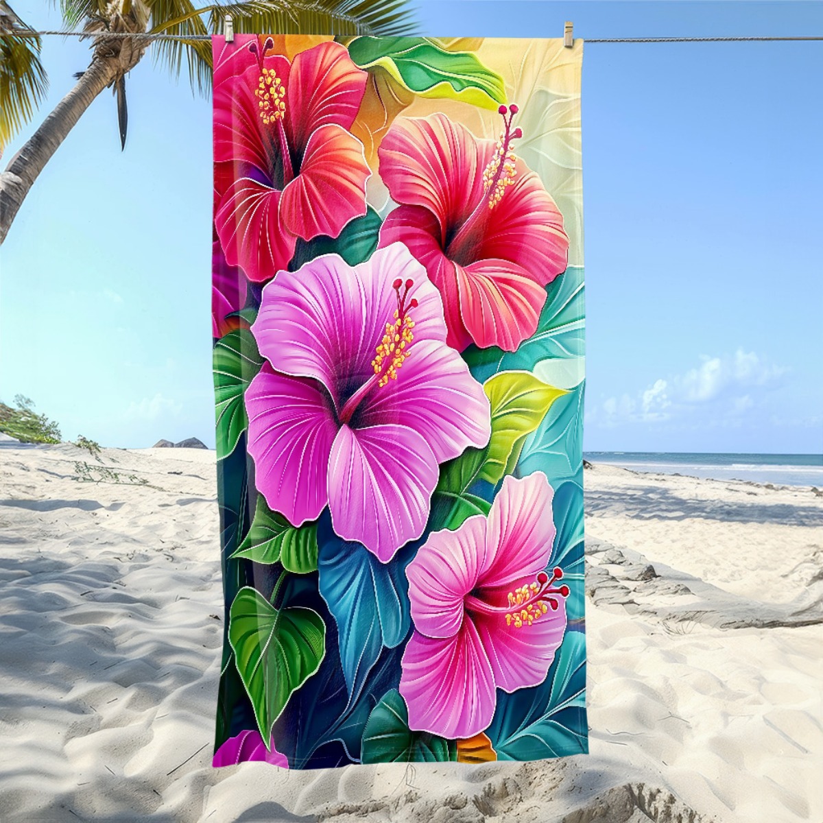 TEMU 1pc Hibiscus Pink Flowers Extra Large Beach Towel - Ultra Soft & Quick Dry Microfiber, Super Absorbent Sand Free Towel For Swimming, Pool, Yoga,