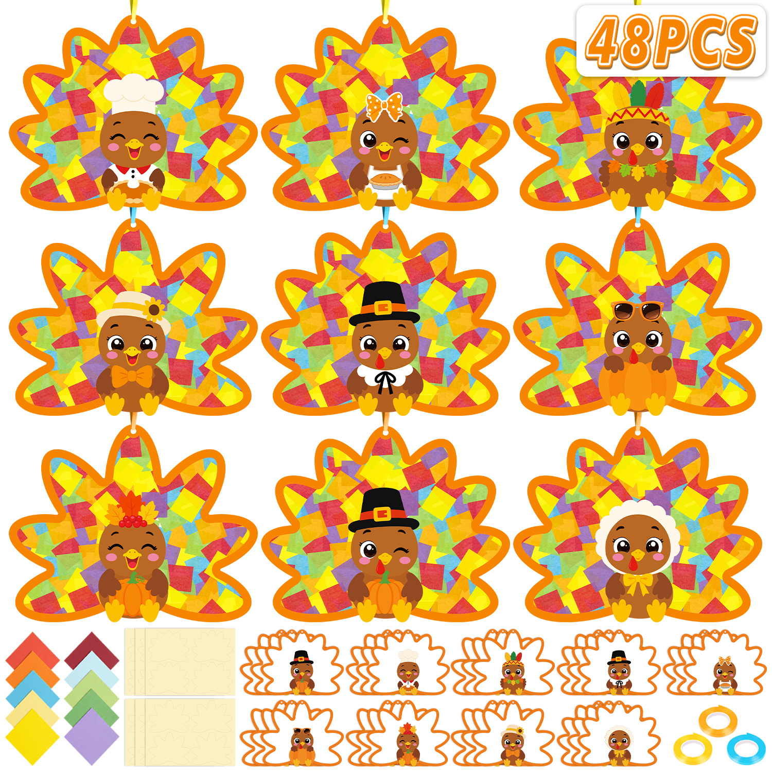TEMU 48pcs Thanksgiving Turkey Suncatchers Bulk - Fall Window Decorations And Hanging Ornaments - Autumn Light-catching Art Party Favors And Seasonal