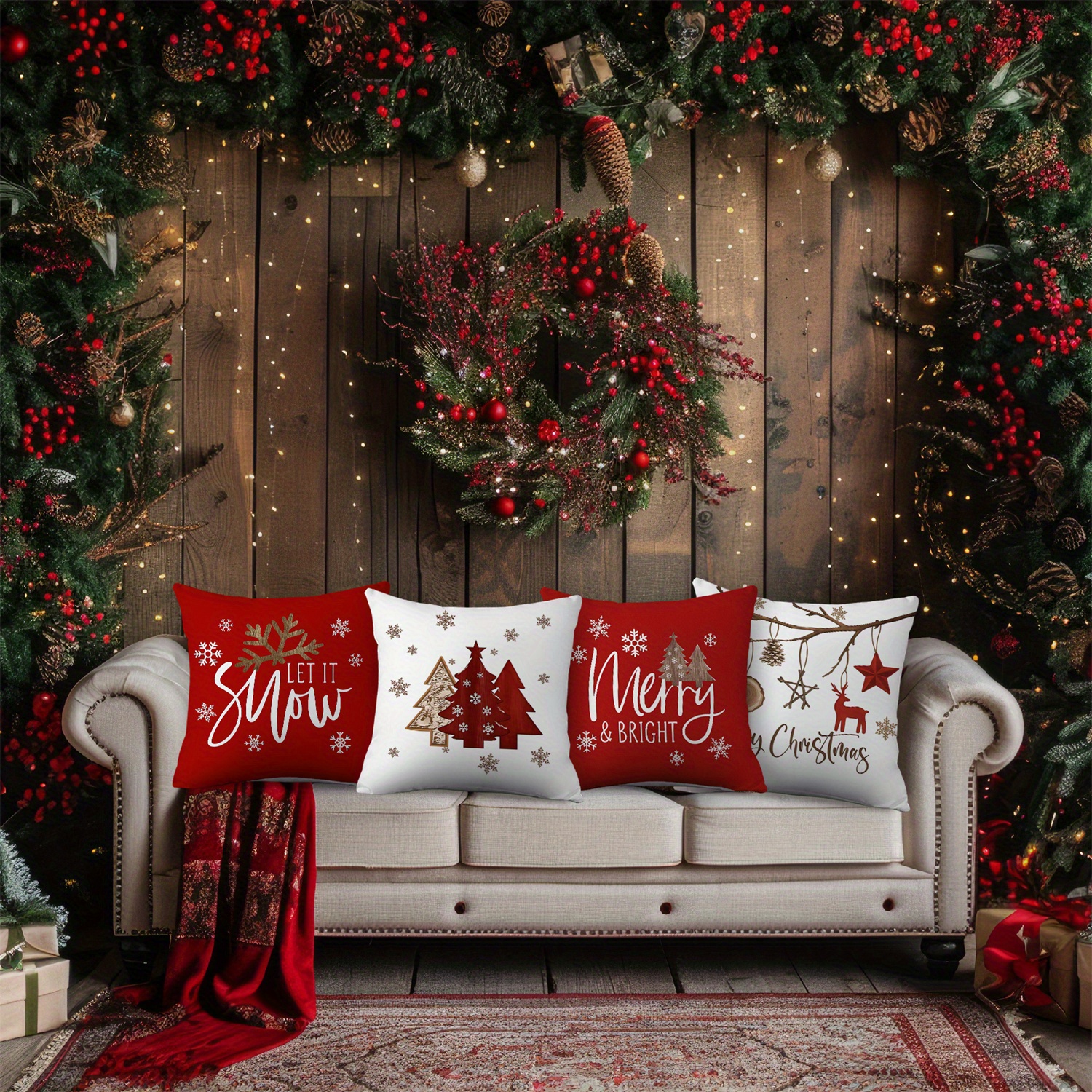 Merry Christmas Snowflake Red Reindeer Star Red Pine Tree Decorative Pillow Covers 4pcs Set Suitable for Family Gatherings Living Room Chair Sofa Decoration