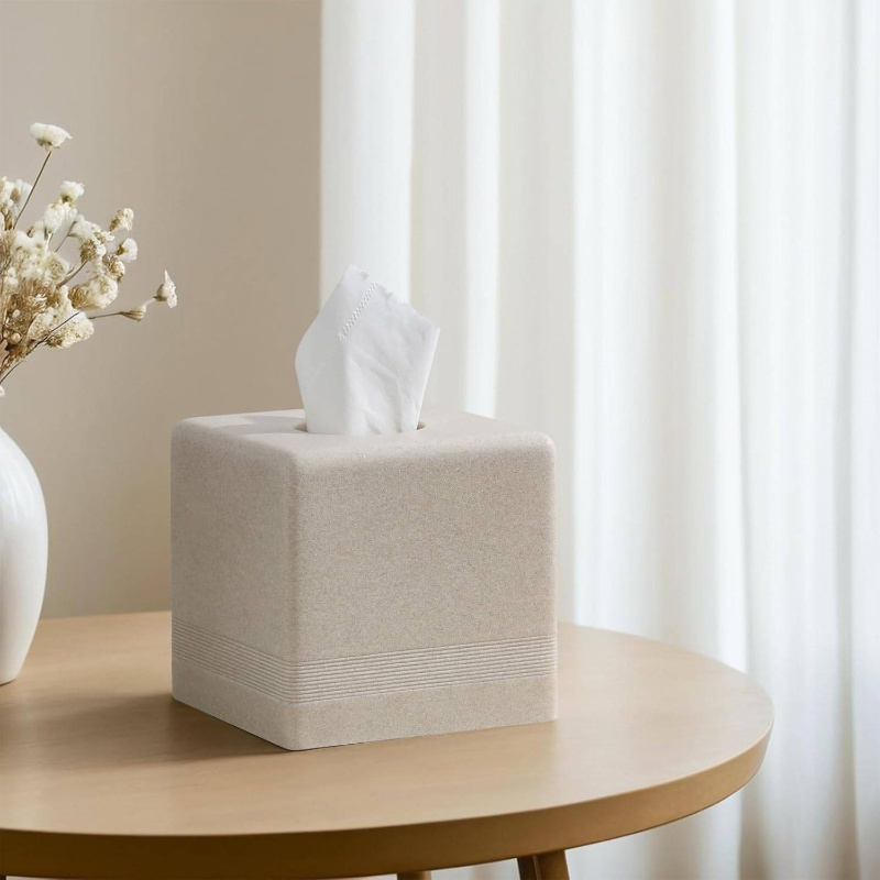   resin tissue box cover & dispenser - beige with white trim, durable rectangular holder with rounded corners, space-saving design for bathroom, kitchen, living room, office - decorative toilet paper storage in beige,, brown, gray tones - easy to clean & scratch-resistant, tissue holder bathroom Product details 5