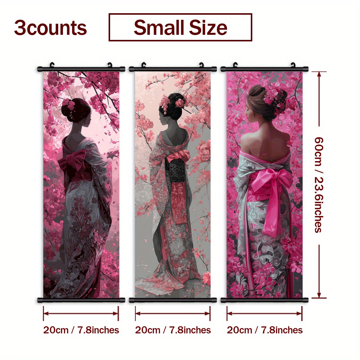 TEMU 2d Flat, [2d Flat] 3pcs Hanging Scrolls Painting, Kimono Cherry Blossoms Geisha, Canvas Posters, Art For Home, Living Room, Bedroom Decoration,