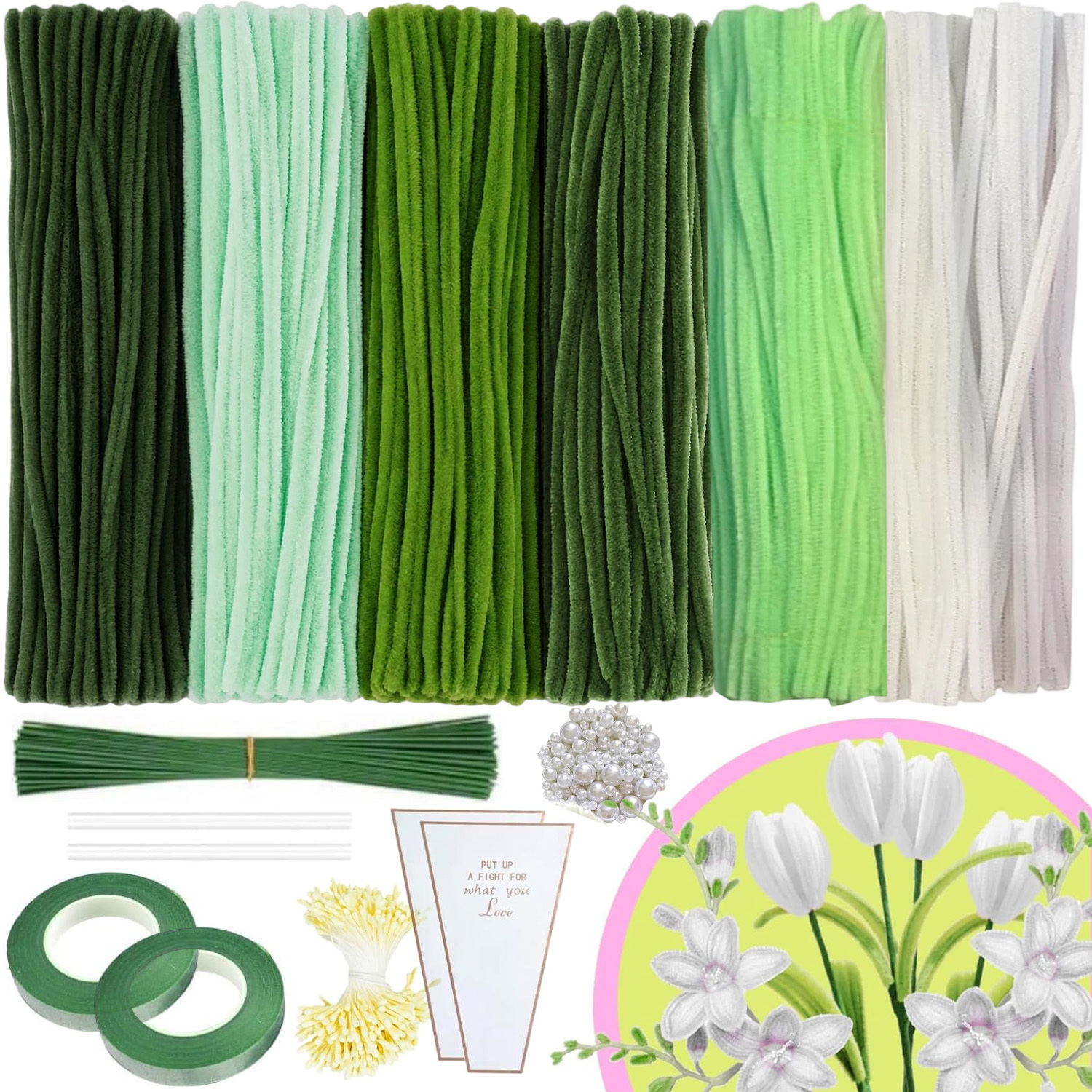 Thick Fluffy Gradient Green Chenille Stems Bulk Pack Of 500, Flexible Pipe Cleaners For Diy Handcrafts, Ideal Material For Flowers, Animals And Creative Arts & Crafts