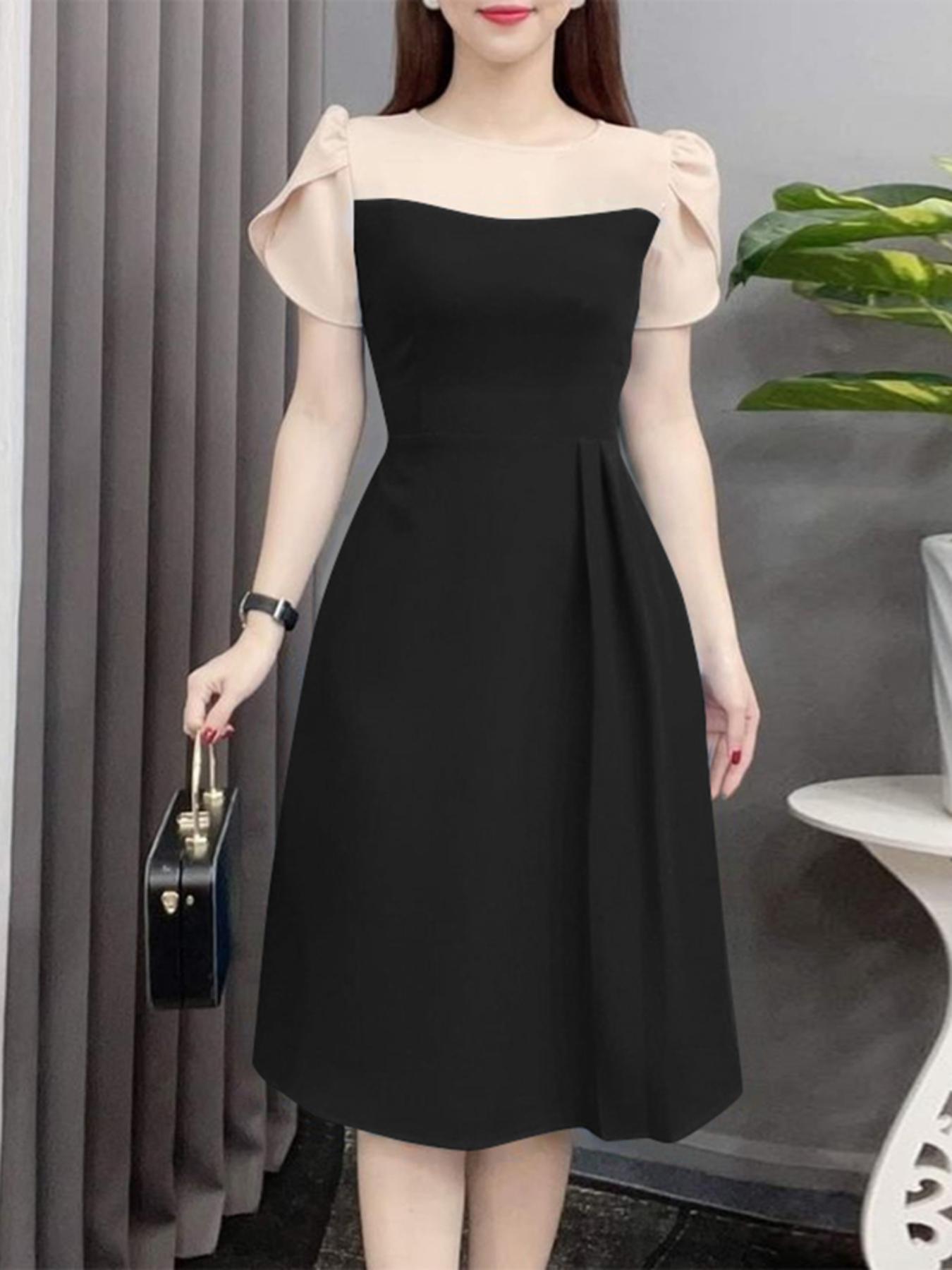 womens elegant color block crew neck puff sleeve a line
