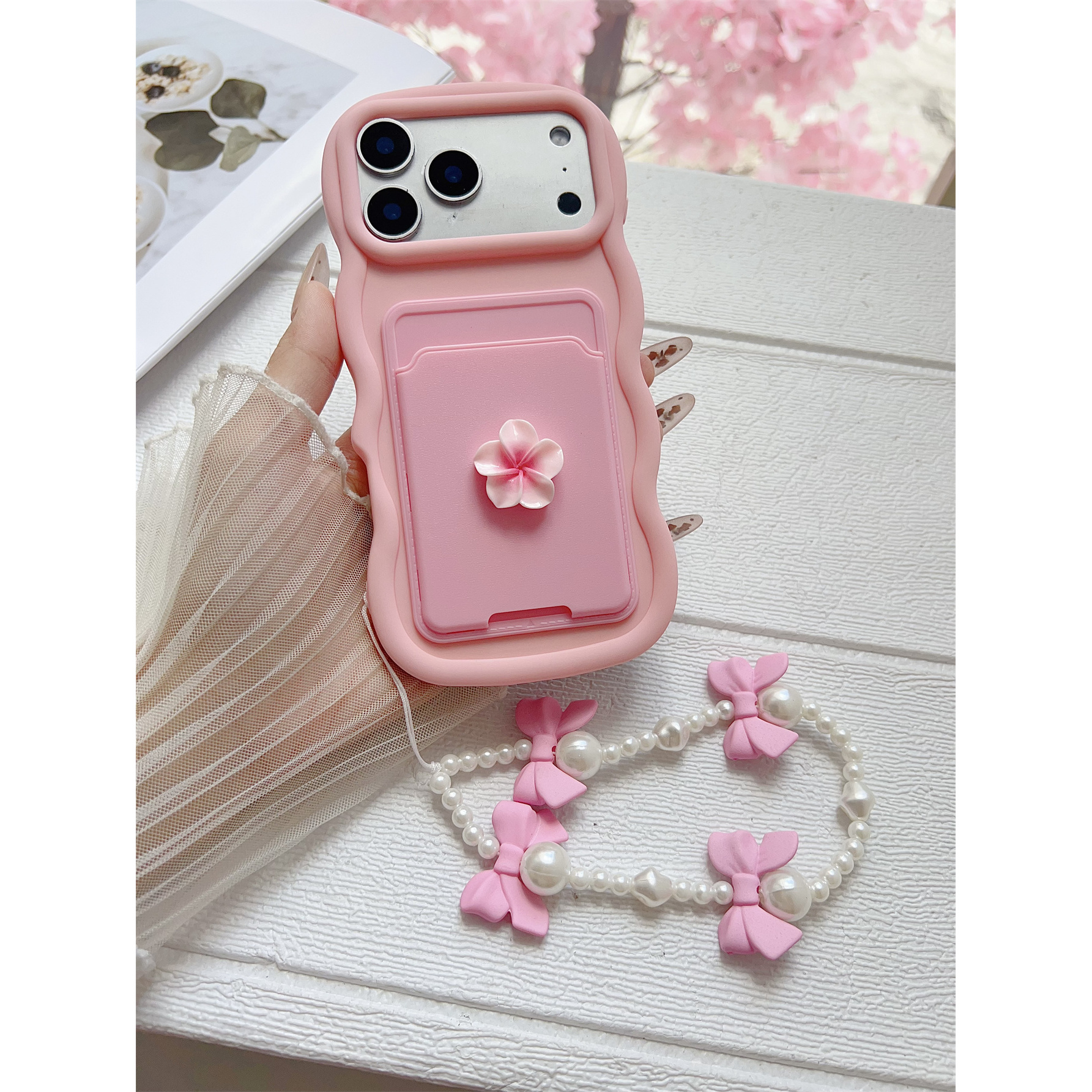 TEMU Phone Case - Macaron Phone Case With Pink Floral And Credit Card Holder, Easy Card Case, Receipt Card Case, Business Card Case Full-coverage