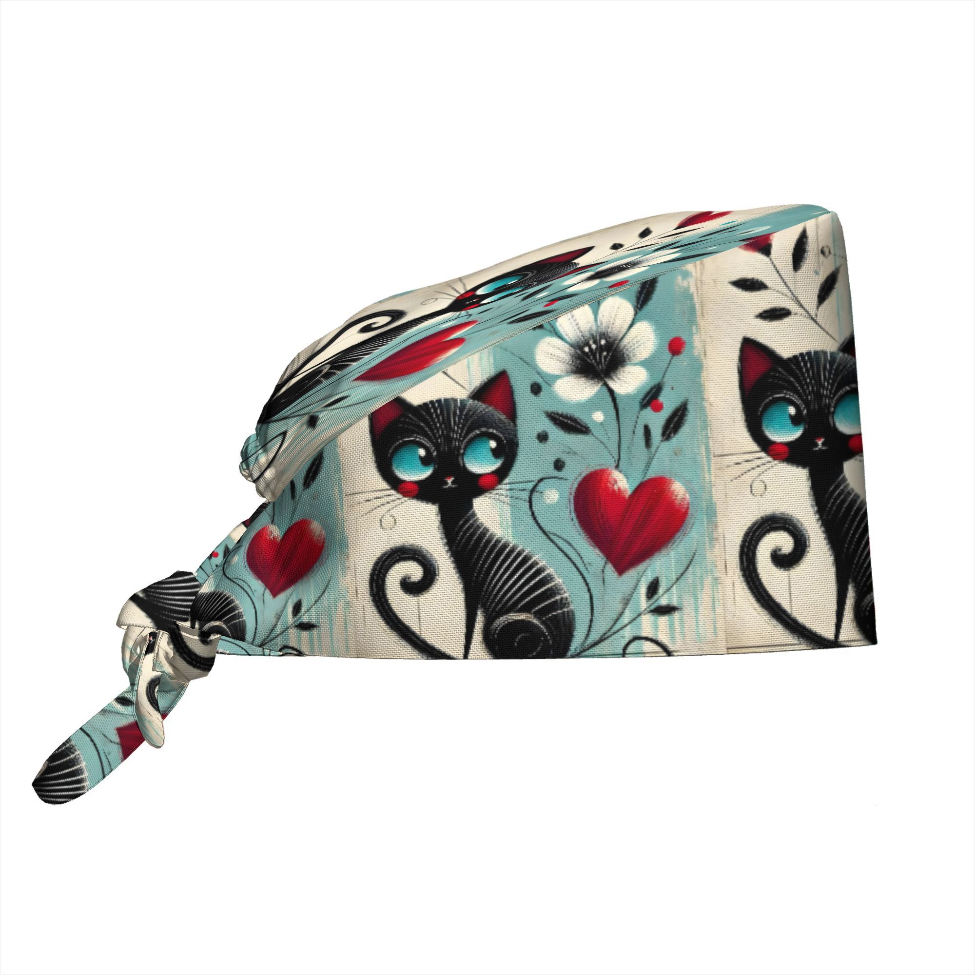 TEMU 1pc Adorable Feline Women's Fashionable Printed Work Cap - Lightweight Adjustable Skull Cap, Tie-back Nurse Hat, Dustproof Chef And Cooking Cap,
